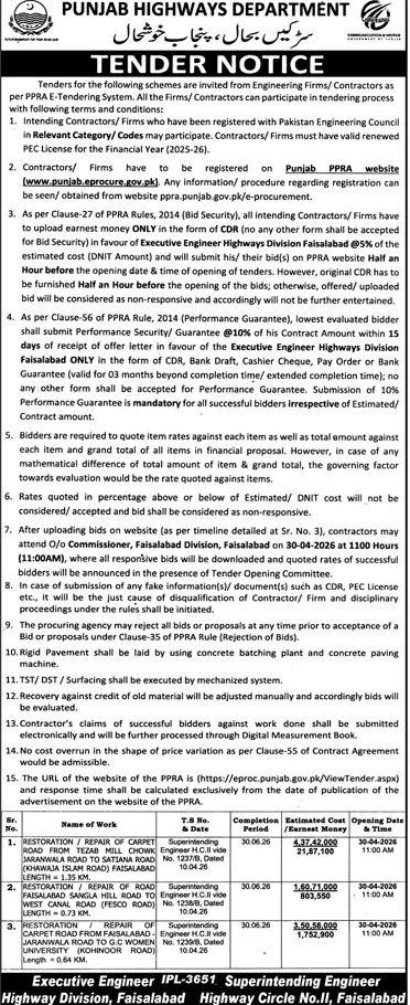 Punjab Highways Department Tender for Road Repair in Faisalabad – Tenders ad in Faisalabad from Daily Jang, published 16 Apr 2026