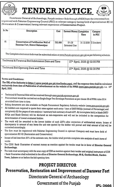 Archaeology Dept Punjab Tender for Darawar Fort Conservation – Tenders ad in Lahore from Daily Jang, published 16 Apr 2026