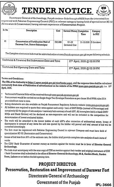 Tender for Darawar Fort Wall Conservation by Archaeology Dept – Tenders ad in Lahore from Daily Jang, published 16 Apr 2026