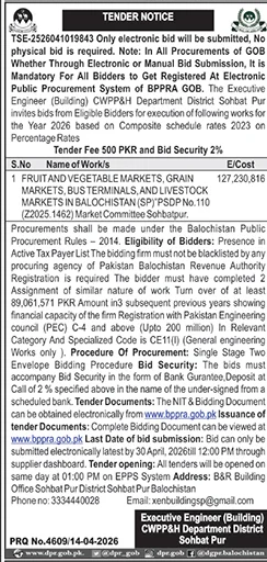 Tender for Market Construction in Sohbat Pur, Balochistan – Tenders ad in Sohbat Pur from Daily Jang, published 16 Apr 2026