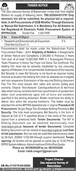Geo Resource Survey Balochistan Tender for Lab Equipment – Tenders ad in Quetta from Daily Jang, published 16 Apr 2026