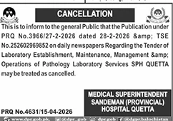 SPH Quetta Tender Cancellation for Laboratory Services – Notices ad in Quetta from Daily Jang, published 16 Apr 2026