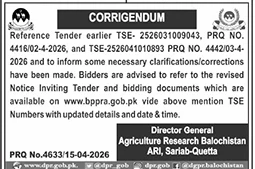 Corrigendum for Tenders by Agriculture Research Balochistan – Notices ad in Quetta from Daily Jang, published 16 Apr 2026