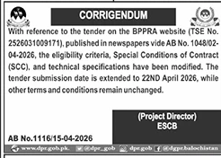 ESCB Tender Corrigendum - Submission Date Extension – Tenders ad in Quetta from Daily Jang, published 16 Apr 2026