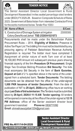 Tender for Drainage System Construction in Naseerabad – Tenders ad in Naseerabad from Daily Jang, published 16 Apr 2026