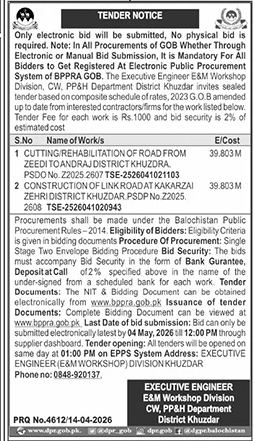 Tender Notice for Road Works in Khuzdar, Balochistan – Tenders ad in Khuzdar from Daily Jang, published 16 Apr 2026