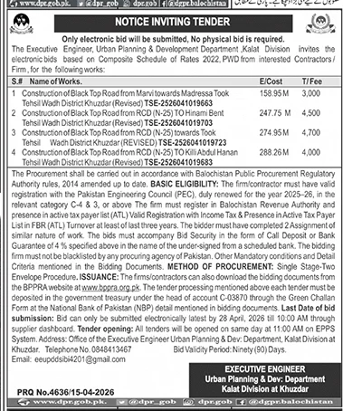Urban Planning Dept Kalat Tender for Road Construction – Tenders ad in Khuzdar from Daily Jang, published 16 Apr 2026