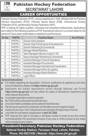 Pakistan Hockey Federation (PHF) Jobs in Lahore 2026 – Jobs ad in Lahore from Daily Jang, published 16 Apr 2026