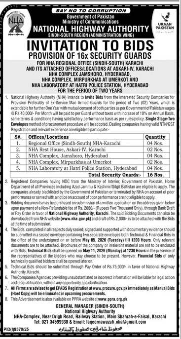 NHA Tender for Security Guards in Sindh – Tenders ad in Karachi from Daily Jang, published 16 Apr 2026