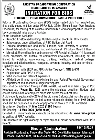 PBC Bids for Renting Commercial Land & Properties – Tenders ad in Islamabad from Daily Jang, published 16 Apr 2026