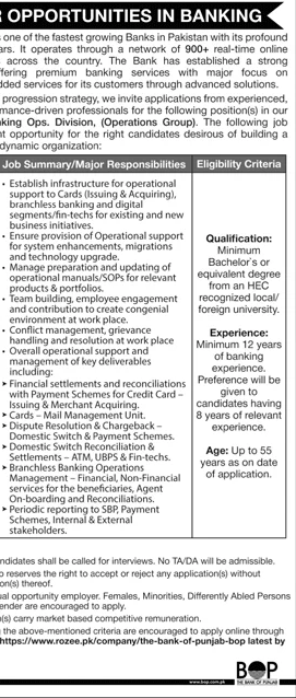 The Bank of Punjab Jobs for Operations Division – Jobs ad in Rawalpindi from Daily Jang, published 16 Apr 2026