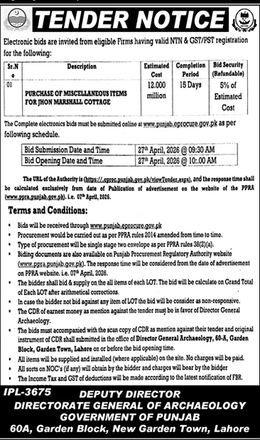 Tender for Miscellaneous Items by Archaeology Dept Punjab – Tenders ad in Lahore from Daily Jang, published 16 Apr 2026