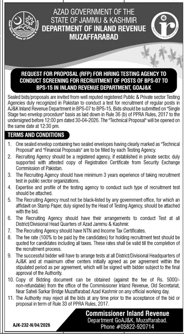 Tender for Hiring Testing Agency in Muzaffarabad – Tenders ad in Muzaffarabad from Daily Jang, published 16 Apr 2026