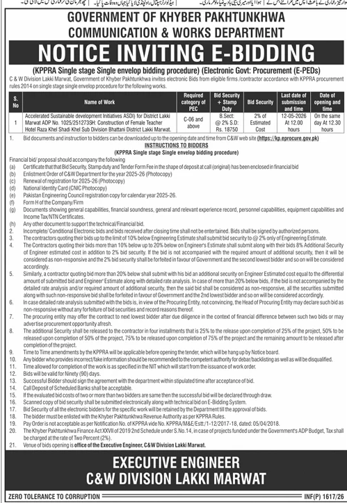 C&W Lakki Marwat E-Bidding Notice for Construction – Tenders ad in Lakki Marwat from Daily Jang, published 16 Apr 2026
