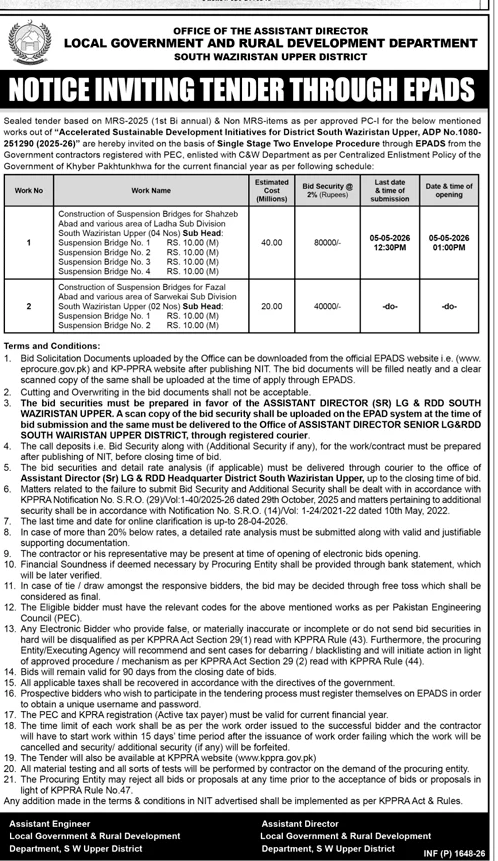 Tender for Suspension Bridges in South Waziristan Upper – Tenders ad in South Waziristan from Daily Jang, published 16 Apr 2026