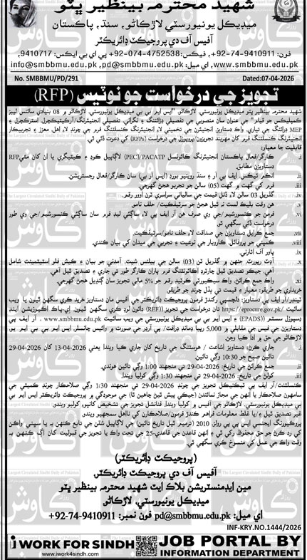 RFP for Consultancy Services at SMBBMU Larkana – Tenders ad in Larkana from Daily Kawish, published 16 Apr 2026