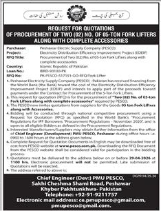 PESCO Fork Lifter Procurement Tender 2026 – Tenders ad in Peshawar from Dawn, published 16 Apr 2026