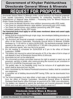 Mines & Minerals RFP for Feasibility Study in Khyber Pakhtunkhwa – Tenders ad in Peshawar from Dawn, published 16 Apr 2026