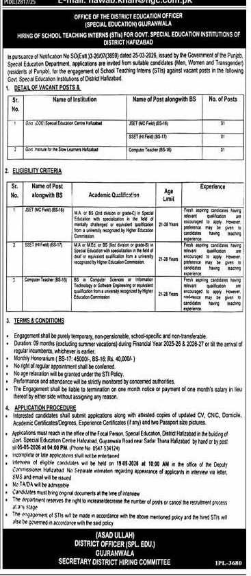 School Teaching Interns Jobs in Hafizabad 2026 – Jobs ad in Hafizabad from Express, published 16 Apr 2026