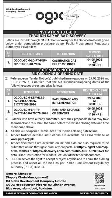 OGDCL Tender Notice for E-Bids and Date Extension – Tenders ad in Islamabad from Express, published 16 Apr 2026