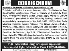 PEDO PQA Deadline Extension for Electricity Supply – Notices ad in Peshawar from Express, published 16 Apr 2026