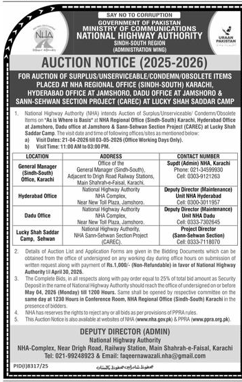 NHA Auction Notice 2026 for Surplus Items in Sindh – Tenders ad in Karachi from Express, published 16 Apr 2026