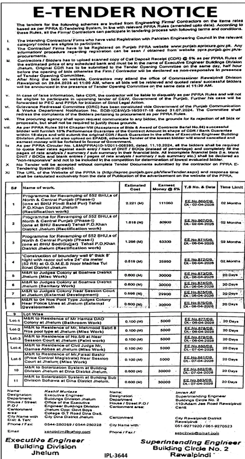 E-Tender Notice for Building Works in Jhelum – Tenders ad in Jhelum from Daily Jang, published 16 Apr 2026