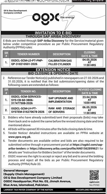 OGDCL Tender Notice for Supplies and Services – Tenders ad in Islamabad from Express, published 16 Apr 2026