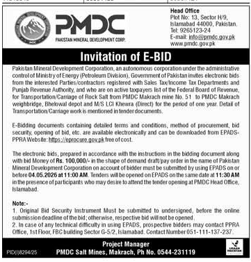 PMDC E-Bid for Rock Salt Transportation Contract – Tenders ad in Islamabad from Express, published 16 Apr 2026