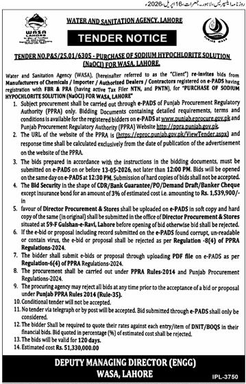 WASA Lahore Tender for Sodium Hypochlorite Solution Purchase – Tenders ad in Lahore from Express, published 16 Apr 2026