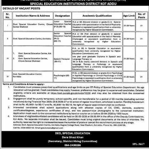 Special Education Department Kot Addu Jobs 2026 – Jobs ad in Kot Addu from Express, published 16 Apr 2026