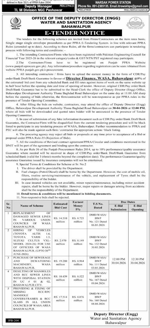 WASA Bahawalpur E-Tender Notice for Various Schemes – Tenders ad in Bahawalpur from Express, published 16 Apr 2026