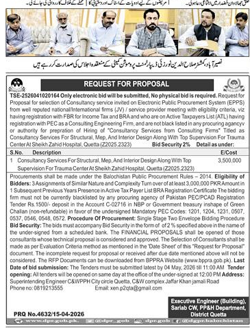 Consultancy Services Tender for Trauma Center Quetta – Tenders ad in Quetta from Express, published 16 Apr 2026