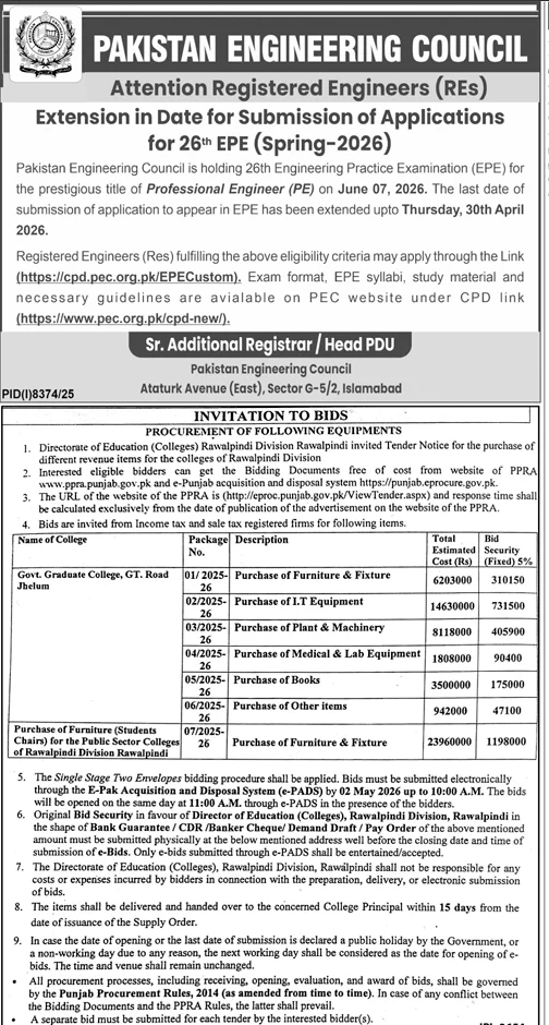 Procurement of Equipment - Rawalpindi Colleges Tender – Tenders ad in Rawalpindi from Daily Jang, published 16 Apr 2026
