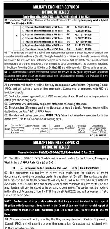 Military Engineer Services Tender for Emergency Work PAF Chaklala – Tenders ad in Chaklala from Express, published 16 Apr 2026