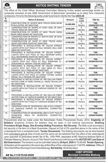 Tender for Works under Grant in Aid - Municipal Committee Mastung – Tenders ad in Mastung from Express, published 16 Apr 2026