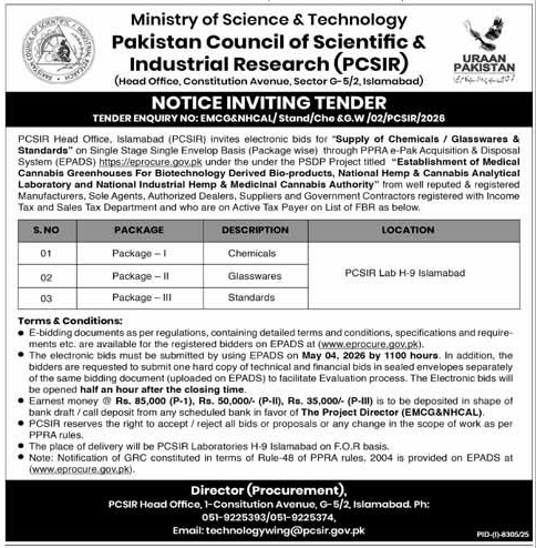 PCSIR Tender for Chemicals, Glasswares & Standards – Tenders ad in Islamabad from Express, published 16 Apr 2026