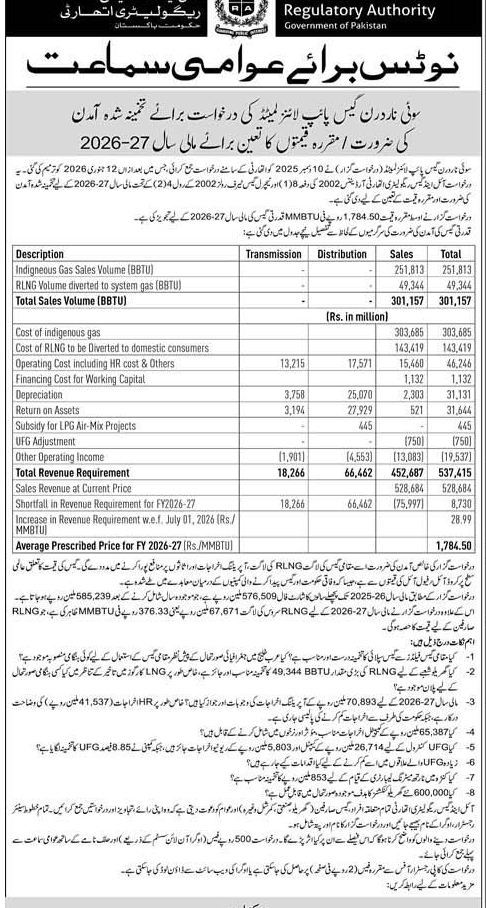 Public Hearing Notice - Sui Northern Gas Pipelines Limited FY 2026-27 – Notices ad in Sukkur from Express, published 16 Apr 2026