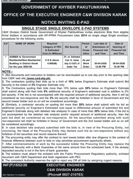 E-PAD Tender for Building AOM&R in Karak, KPK – Tenders ad in Karak from Nawa-i-Waqt, published 16 Apr 2026