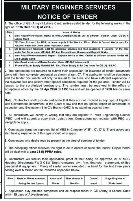 Military Engineer Services Tender - Lahore Cantt – Tenders ad in Lahore from Nawa-i-Waqt, published 16 Apr 2026