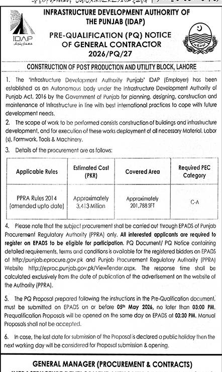 Pre-Qualification Notice for General Contractor - IDAP Lahore – Tenders ad in Lahore from Nawa-i-Waqt, published 16 Apr 2026
