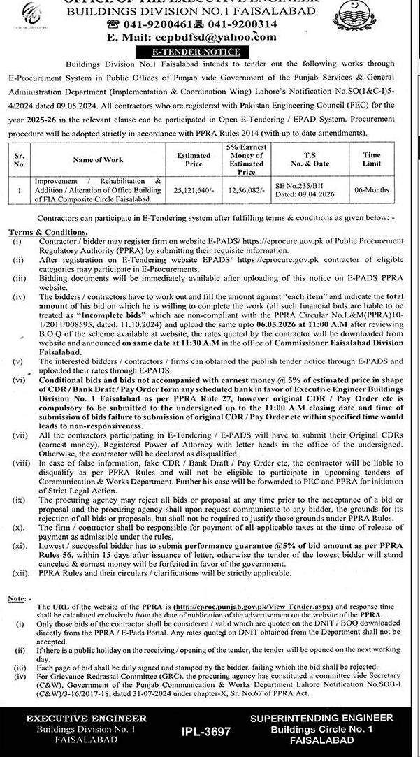 Faisalabad Buildings Division Office Improvement Tender – Tenders ad in Faisalabad from Nawa-i-Waqt, published 16 Apr 2026
