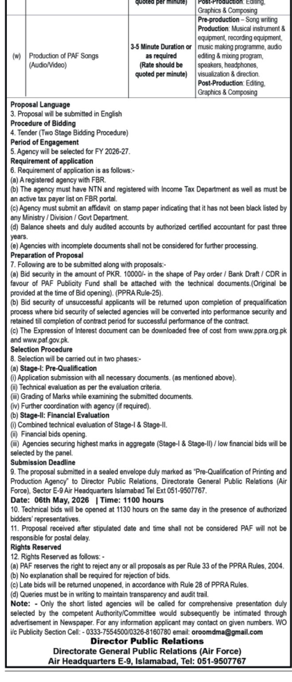 PAF Printing and Production Agency Pre-Qualification Tender – Tenders ad in Islamabad from Nawa-i-Waqt, published 16 Apr 2026