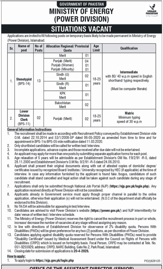 Ministry of Energy Power Division Jobs 2026 – Jobs ad in Islamabad from Nawa-i-Waqt, published 16 Apr 2026