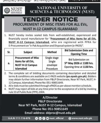 NUST Tender: Procurement of Misc Items for EVs, Islamabad – Tenders ad in Islamabad from Nawa-i-Waqt, published 16 Apr 2026