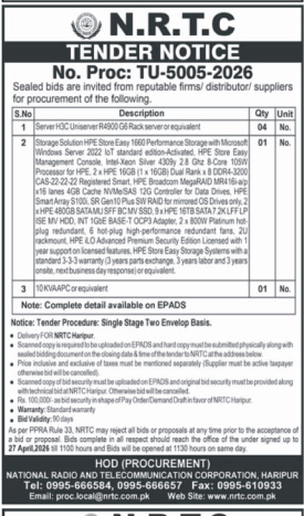 IT Equipment Supply Tender - NRTC Haripur – Tenders ad in Haripur from Nawa-i-Waqt, published 16 Apr 2026
