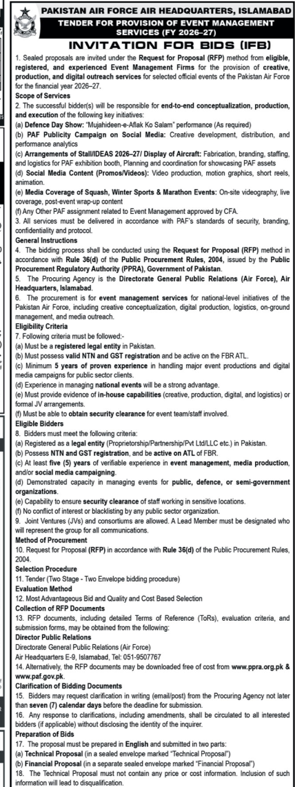 Pakistan Air Force Event Management Services Tender Islamabad – Tenders ad in Islamabad from Nawa-i-Waqt, published 16 Apr 2026