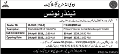 Heavy Industries Taxila Cantt Tender for Track Pin & Items – Tenders ad in Taxila Cantt from Nawa-i-Waqt, published 16 Apr 2026