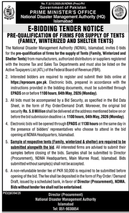 E-Bidding Tender for Tent Supply - NDMA Islamabad – Tenders ad in Islamabad from Nawa-i-Waqt, published 16 Apr 2026