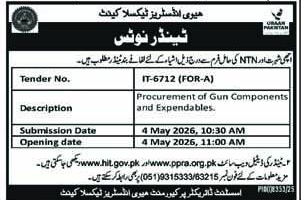 Heavy Industries Taxila Gun Components Tender – Tenders ad in Taxila from Nawa-i-Waqt, published 16 Apr 2026